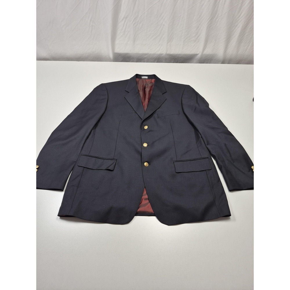 Majer Blazer Mens 43L Navy Blue Super 120s Wool Brussel Sport Coat Jacket Gold